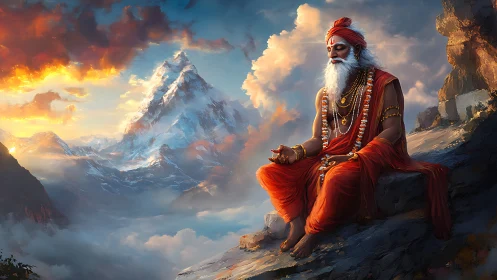 Himalayan sage meditates above glowing sunset clouds
