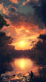 Sunset river dreams under glowing clouds and quiet wings.