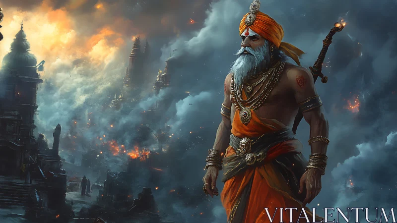 Armored ascetic surveys burning city amid volumetric smoke layers