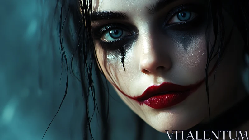 Storm-kissed jester gaze with smudged midnight glamour.