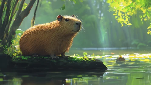 Sunlit capybara on mossy riverbank in lush forest clearing