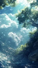 Luminescent coastal canopy merges sky, clouds and refracted sea