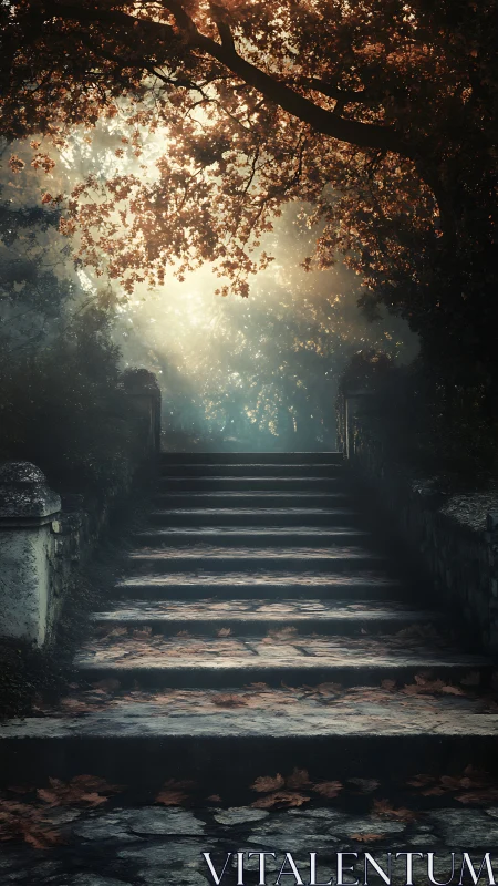 Stone stairway under dense foliage in diffused daylight.