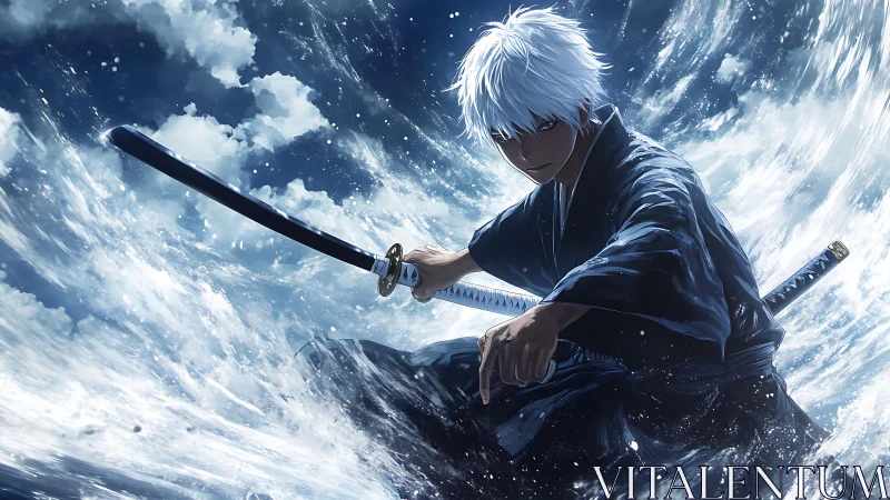 White-haired wavecutter samurai stills a storm of blades.