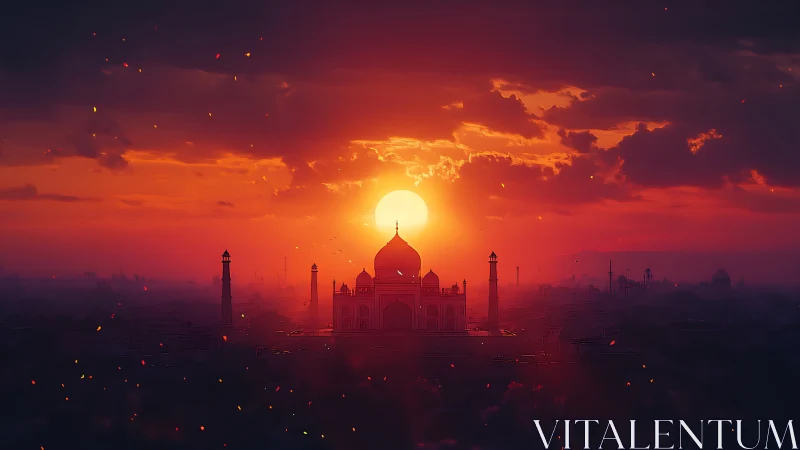 Silhouetted domed monument aligned with sun at sunset.