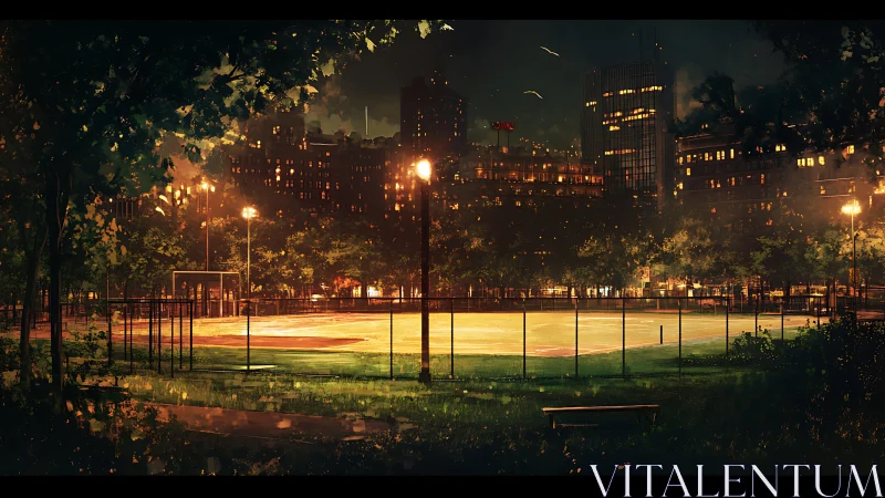 Urban baseball field illuminated at night in city park.