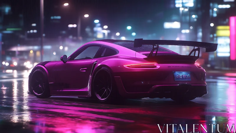 Sports car stands in neon lit wet urban street at night