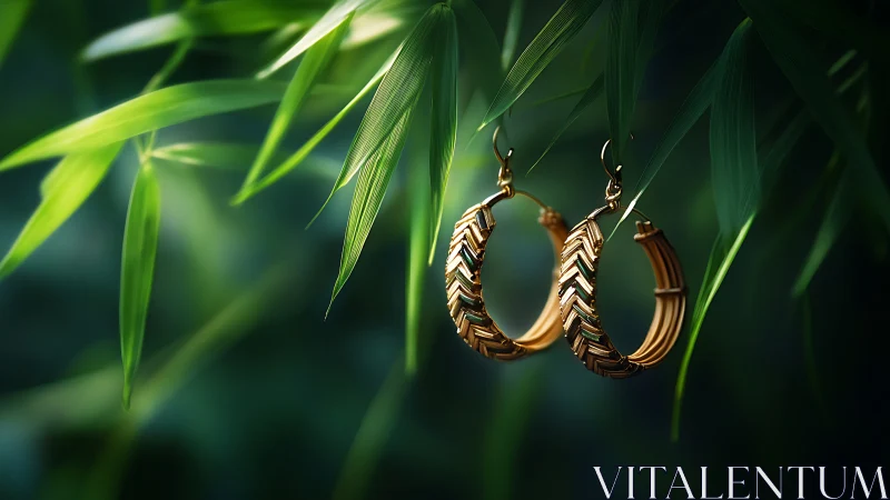 Golden hoop earrings rest gently among fresh green leaves