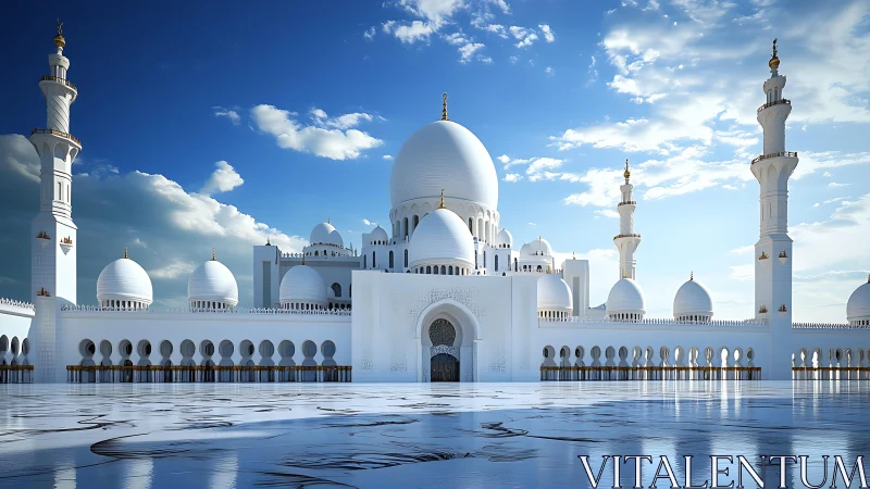 White domed mosque complex under clear blue sky.