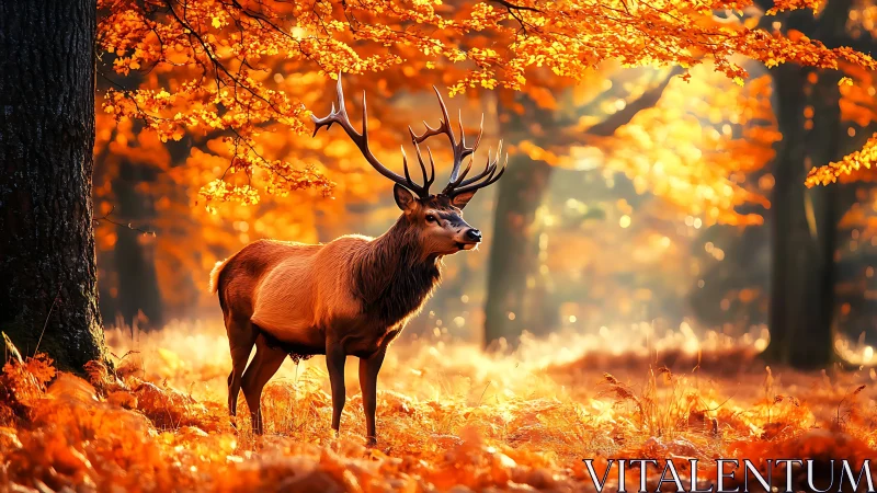 Crowned stag in molten autumn light, forest throne aglow.