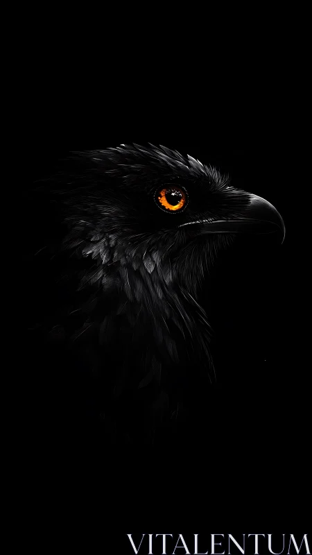 Black raven portrait with glowing orange eye on black background.