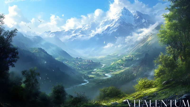 Expansive mountain valley with river and distant village.