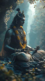 Forest meditation with serene blue deity and soft light.