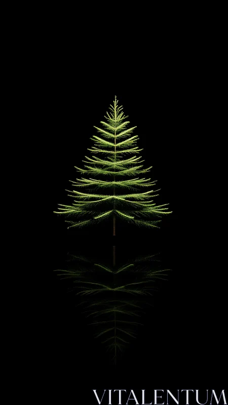 Minimalist evergreen tree reflected against deep black background.