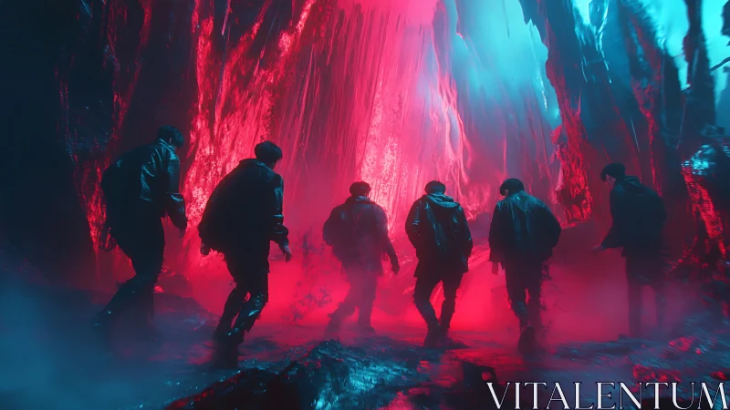 Explorers in neon cavern light step into the unknown glow.