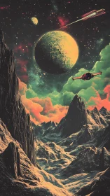 Dreamy alien canyon under glowing twin planets.