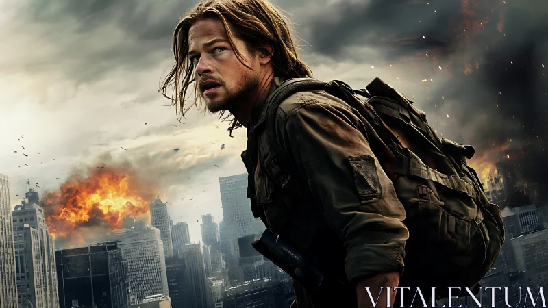 Survivor scans burning city skyline under storm-dark clouds.