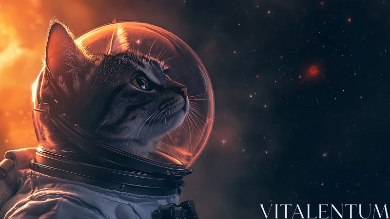 Cat astronaut gazes into glowing cosmos with quiet wonder