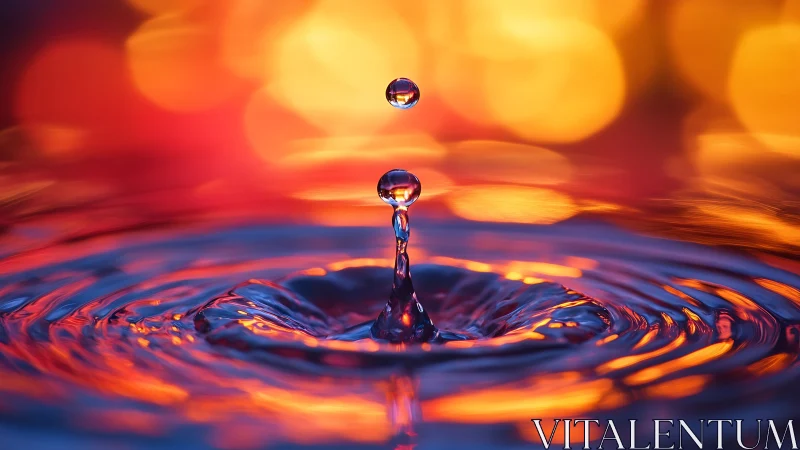 Water droplet impact with concentric ripples and bokeh background.
