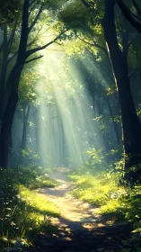 Sunlit Forest Path Through Towering Trees and Glowing Canopy