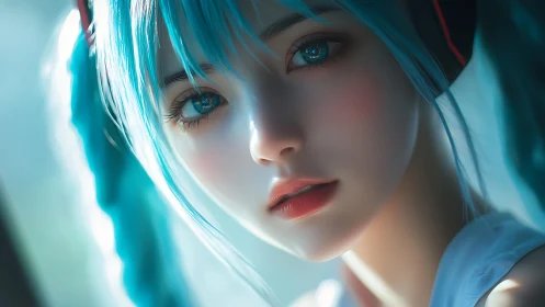 Soft blue haired girl gazes warmly with bright, clear eyes