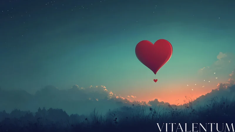 Celestial Heart Floating Above Twilight Landscape with Starlit Sky.