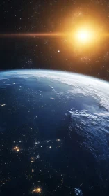 Earth limb, city lights and sun over space horizon viewed.