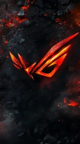 Red angular gaming emblem over dark molten rock field.