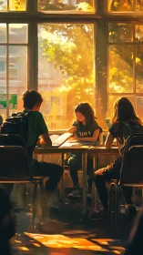 Students study under golden afternoon classroom light.