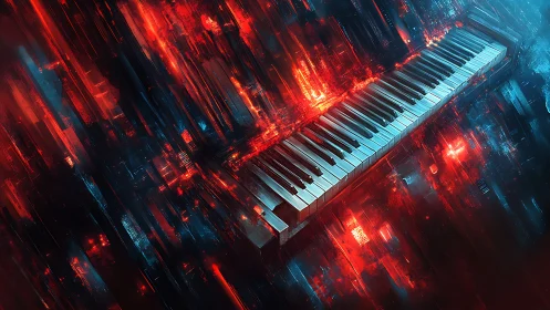 Futuristic piano keys amid red and blue digital lightfield.