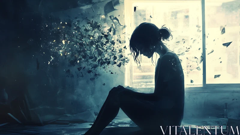 Digital painting of shattering silhouette in backlit interior.