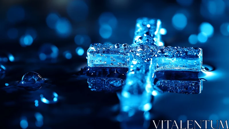 Glass cross in blue water with reflective droplets detail.