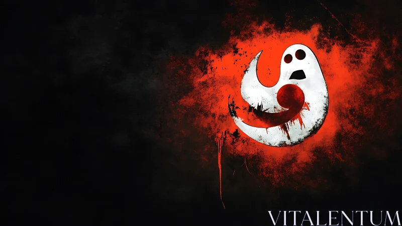 Ghost-like white symbol on red splatter over dark background.