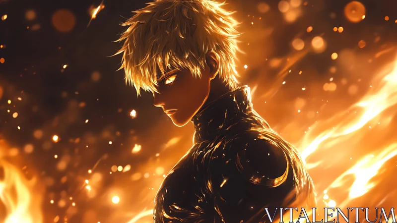 Male figure stands in side profile amid dense orange flames