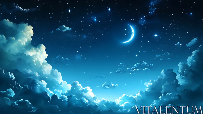 Crescent moon over bright clouds in a glowing night sky.