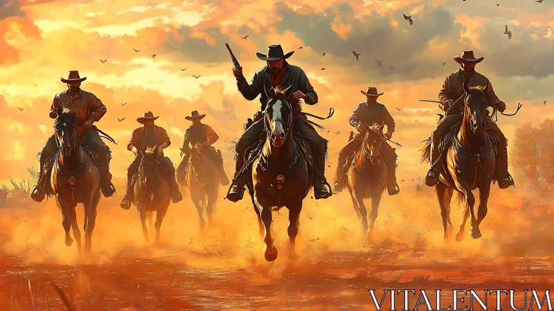Sunlit cowboy riders charge through blazing desert dust.