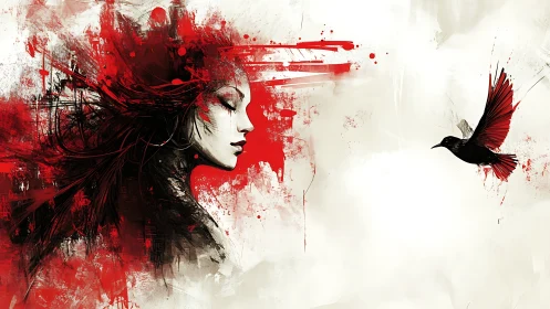 Side profile female portrait merges with abstract red bird