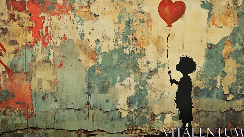 Silhouetted child with heart balloon on distressed mural surface.