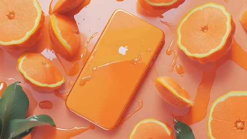 Zesty orange smartphone rests among juicy sliced oranges