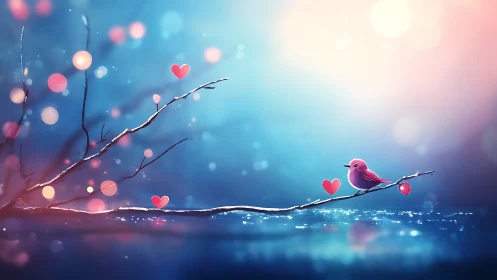 Bird perched on branch with floating hearts and bokeh effects