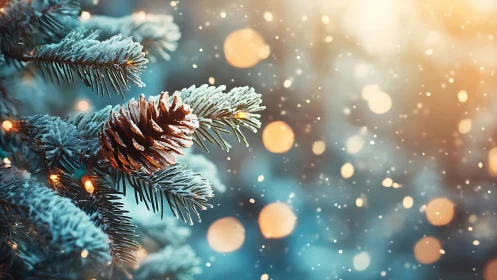 Frosted fir branch with pinecone under warm bokeh illumination.