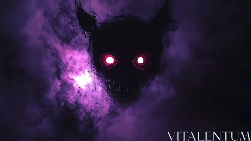 Skull-like head with glowing eyes emerges from violet mist