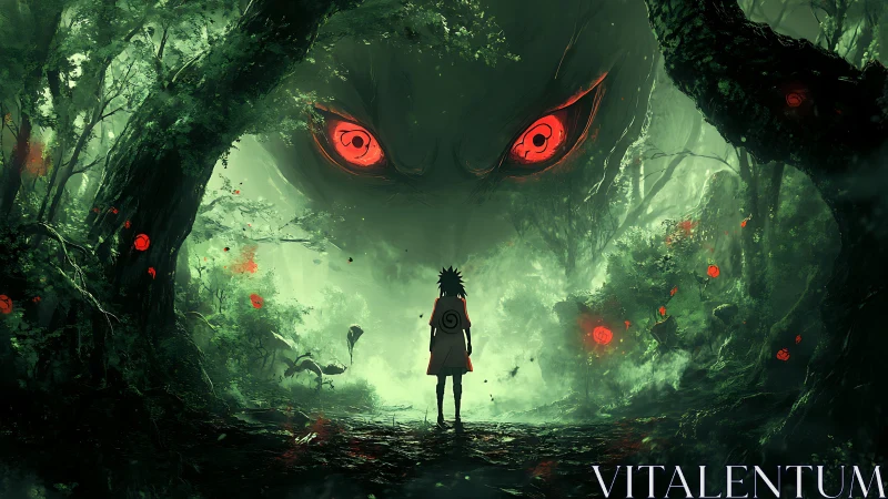 Lone cloaked figure confronts monstrous red eyes in forest.