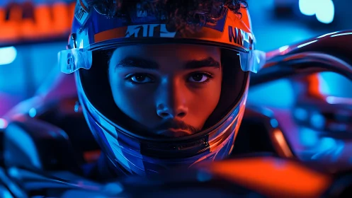 Racing driver portrait shows helmeted subject in cockpit