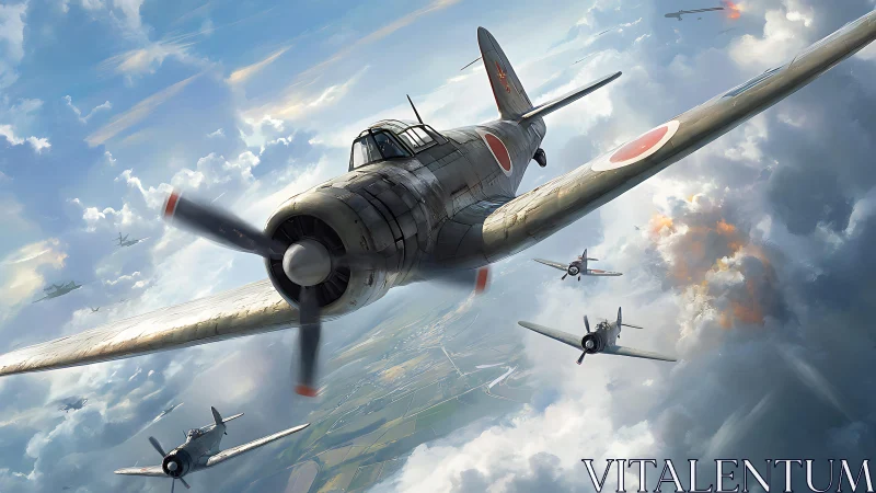 World War II fighter planes in aggressive aerial combat scene.