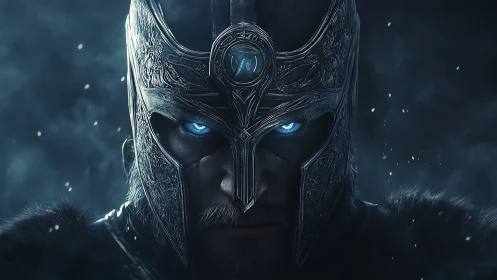 Warrior face framed by ornate metal helmet and glowing eyes