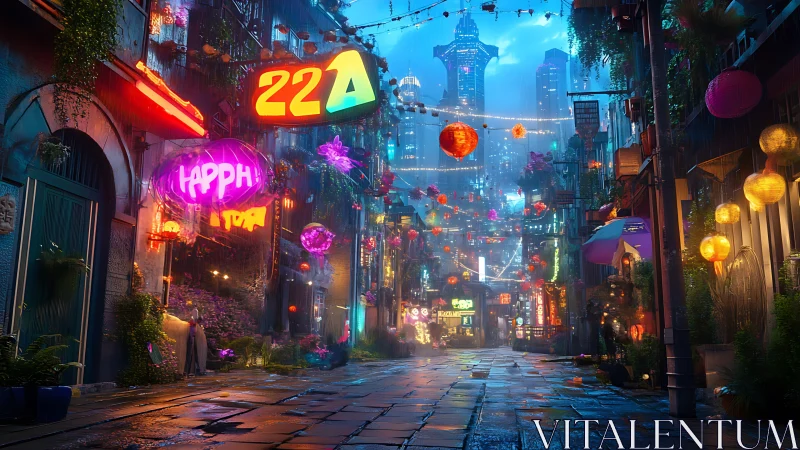 Neon alley glows under rainy cyberpunk skyline at night