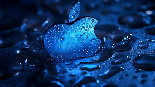 Apple Logo Glistens with Water Droplets in Blue Light.