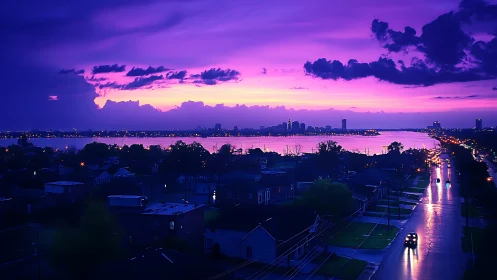 Neon violet riverfront skyline glows against storm-laden dusk