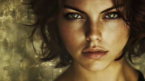 Warm hazel gaze framed by soft curls and golden light.